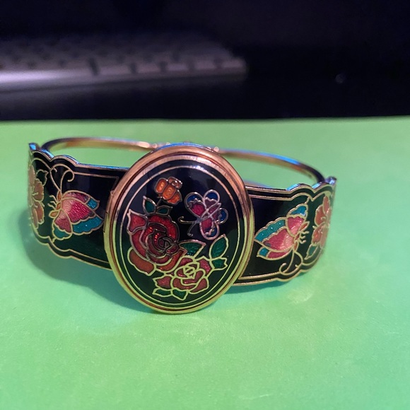 Vintage Floral Cloisonné Hinged Bracelet Locket n Heart Locket Necklace - Picture 7 of 8